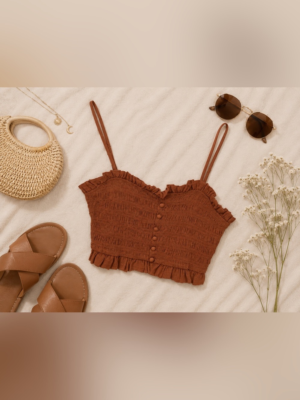 Blu Pepper Rust Brown Smocked Ruffle Cropped Cami Boho Festival Size Large NWT
